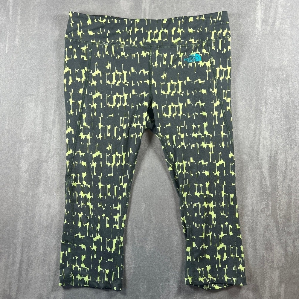 The North Face Womens Large Capri Leggings Black Neon Green Geometric Print